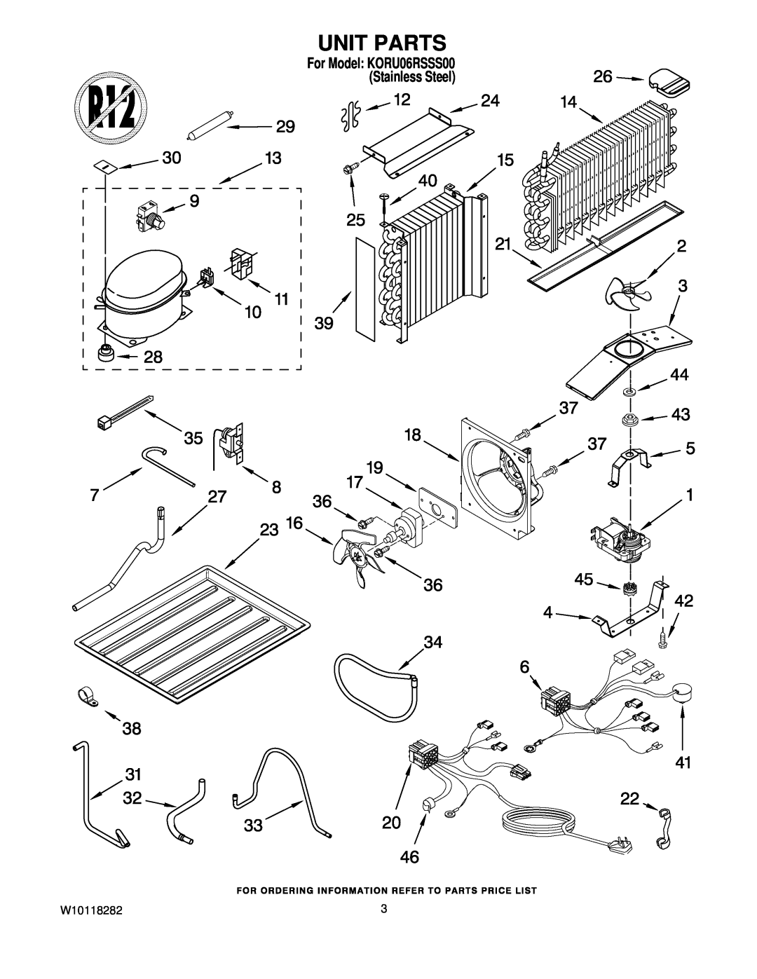 KitchenAid manual Unit Parts, For Model KORU06RSSS00 Stainless Steel, W10118282 