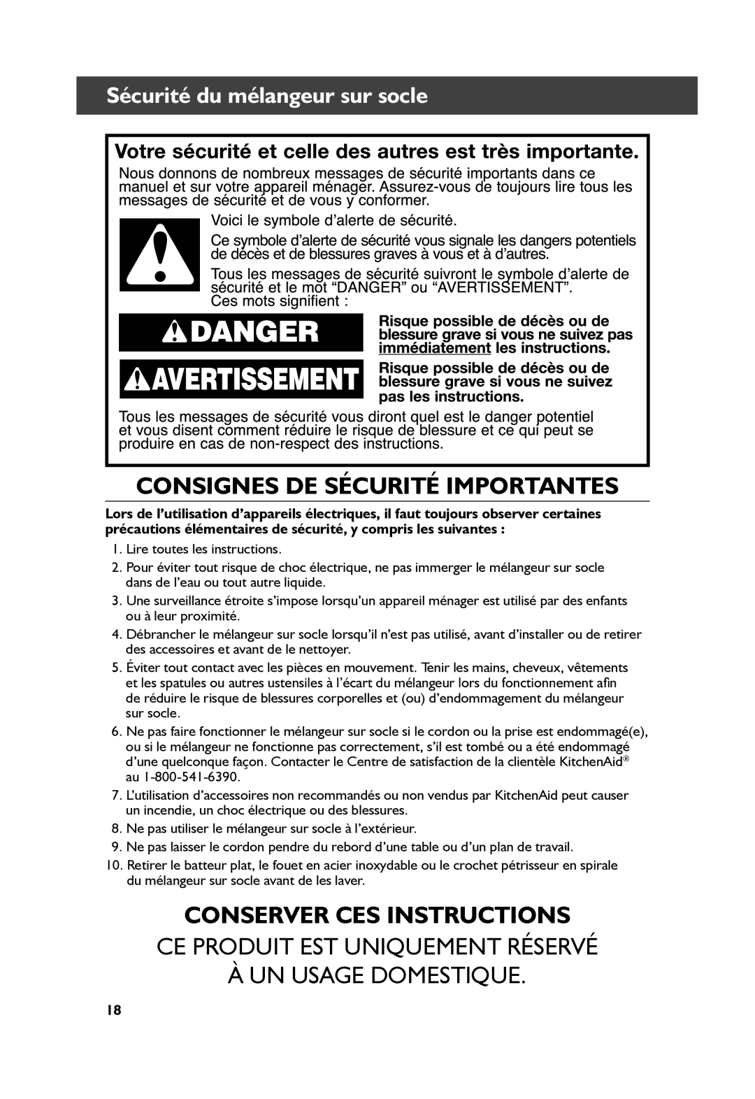 KitchenAid KP26M1X manual Consignes DE Sécurité Importantes, Sécurité du mélangeur sur socle 