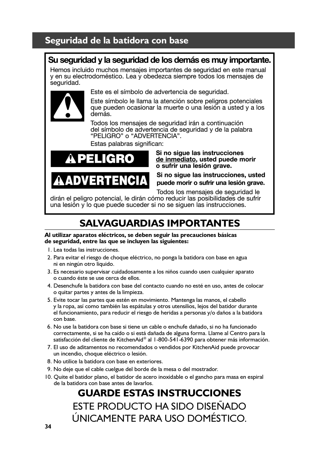 KitchenAid KP26M1X manual Salvaguardias Importantes, Seguridad de la batidora con base 