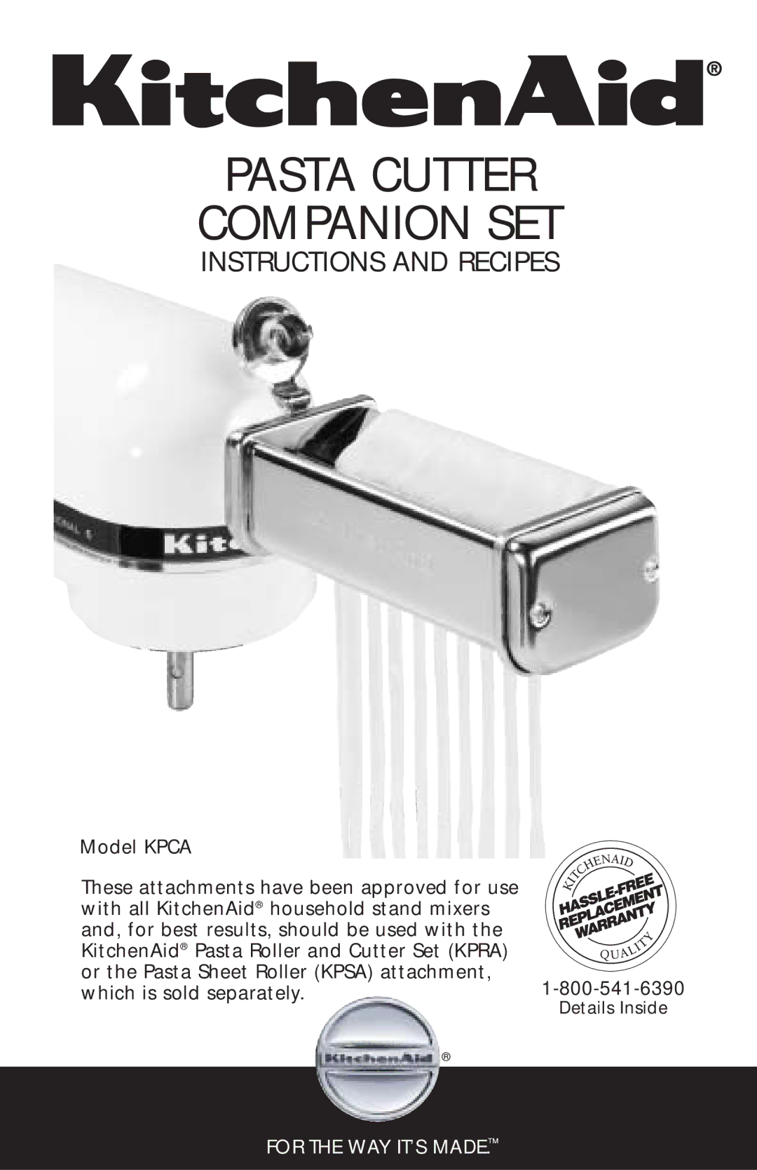 KitchenAid KPCA manual Pasta Cutter Companion SET 