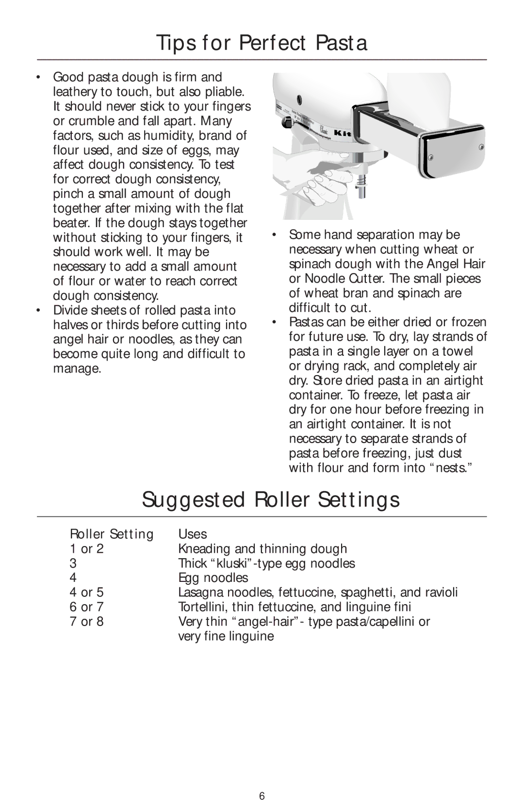 KitchenAid KPCA manual Tips for Perfect Pasta, Suggested Roller Settings 