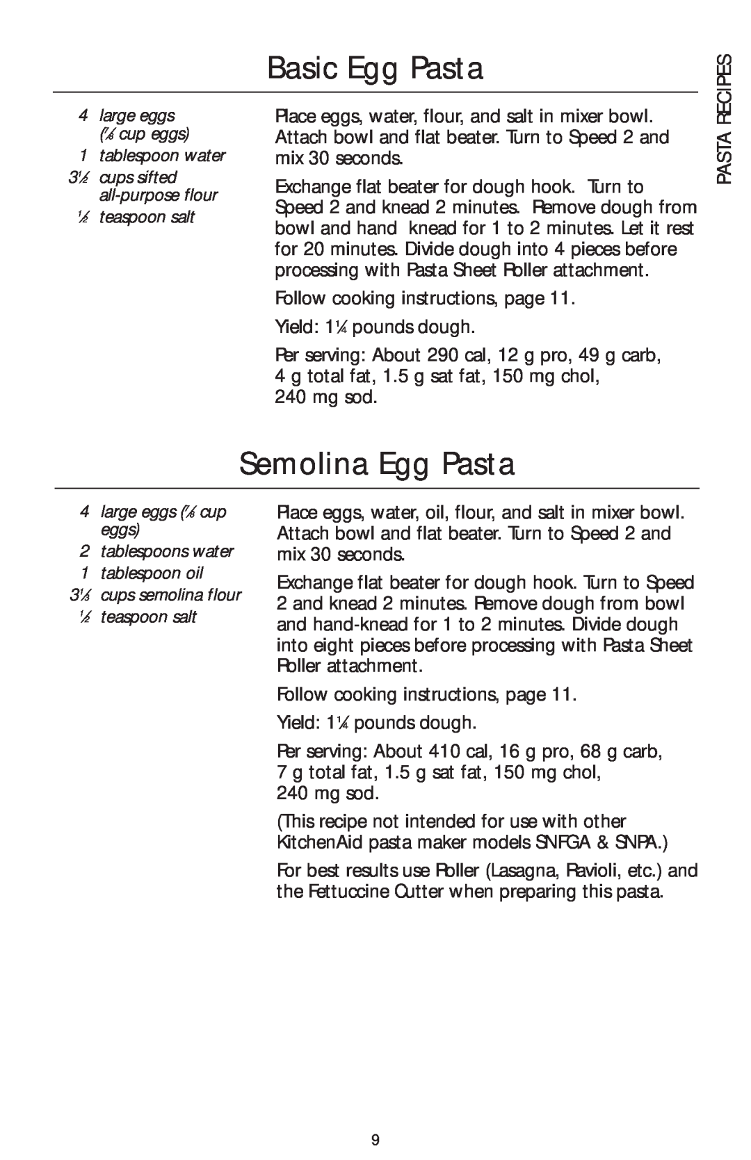 KitchenAid KPCA manual Basic Egg Pasta, Semolina Egg Pasta, Recipes 
