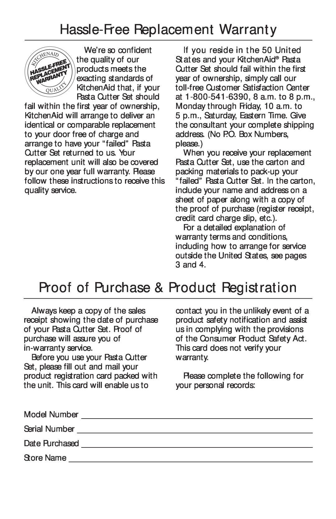 KitchenAid KPCA manual Hassle-Free Replacement Warranty, Proof of Purchase & Product Registration 