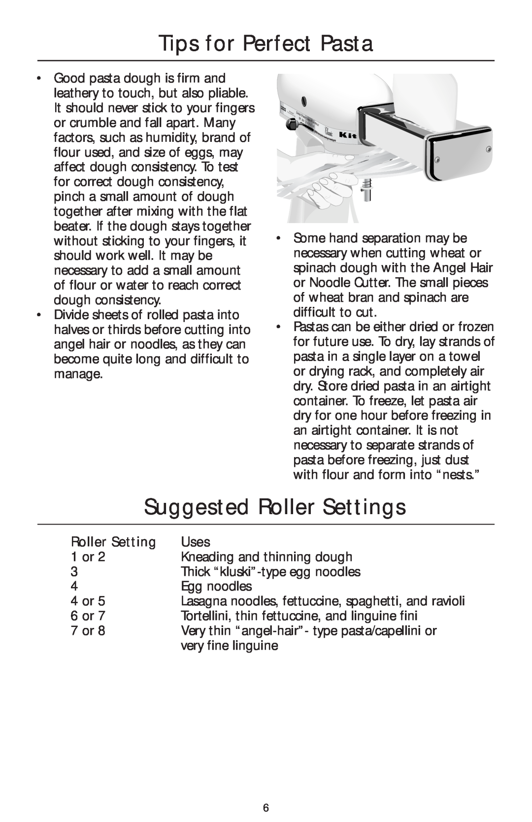 KitchenAid KPCA manual Tips for Perfect Pasta, Suggested Roller Settings, Uses 
