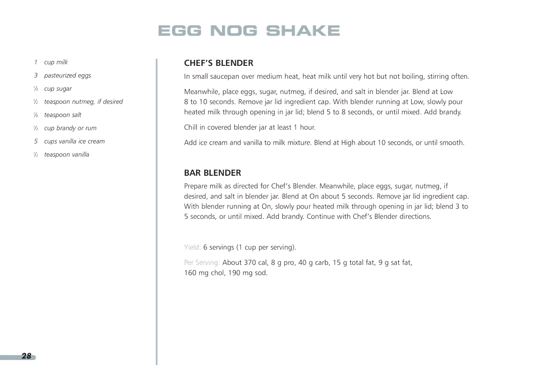 KitchenAid KPCB148, KPCB348 manual EGG NOG Shake 