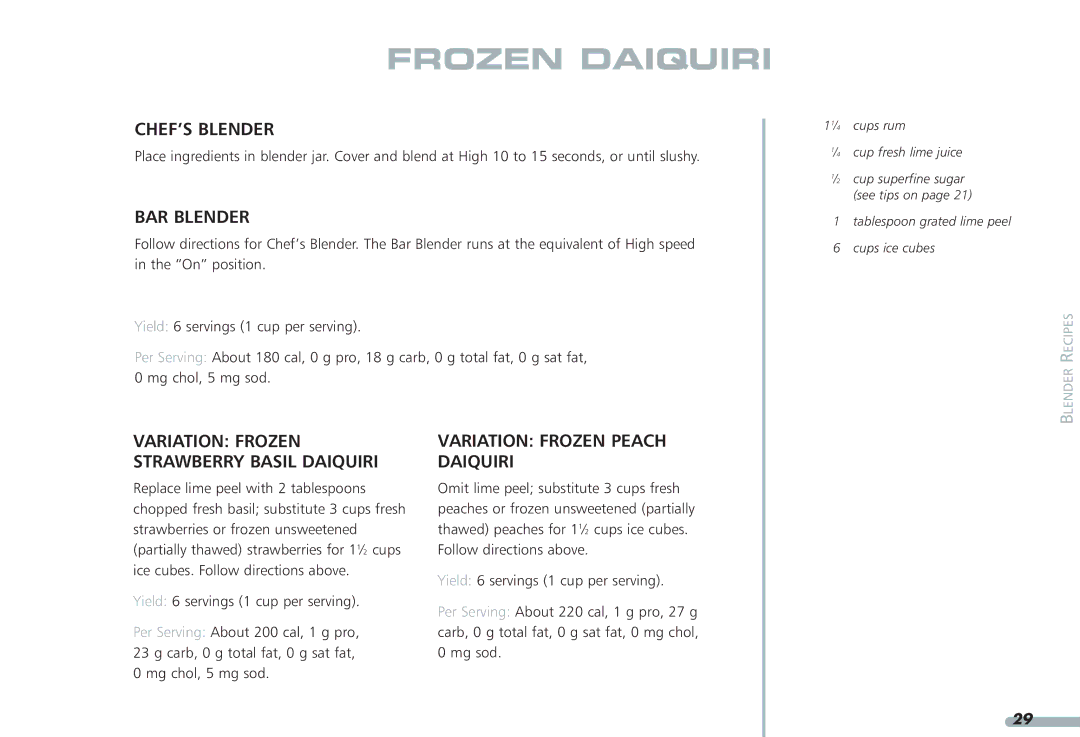 KitchenAid KPCB348, KPCB148 manual Frozen Daiquiri, Variation Frozen Strawberry Basil Daiquiri 