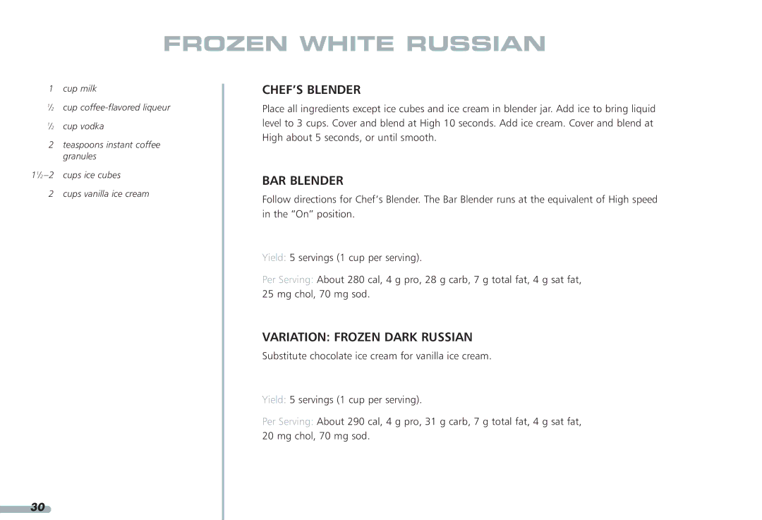 KitchenAid KPCB148, KPCB348 manual Frozen White Russian, Variation Frozen Dark Russian 