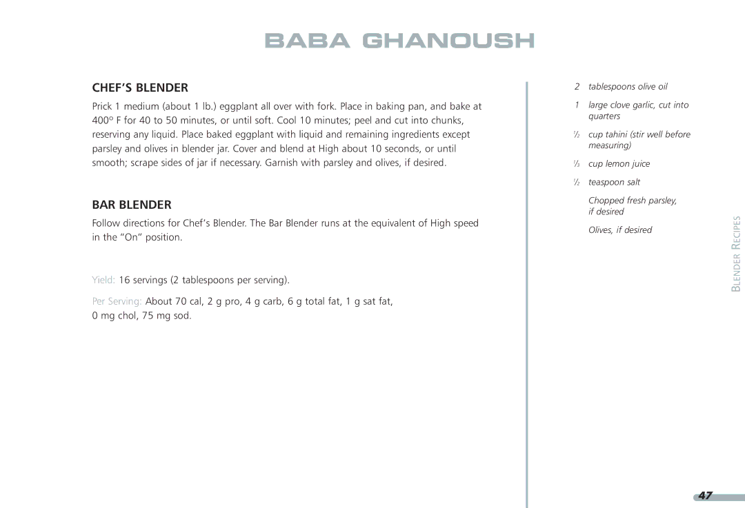 KitchenAid KPCB348, KPCB148 manual Baba Ghanoush 