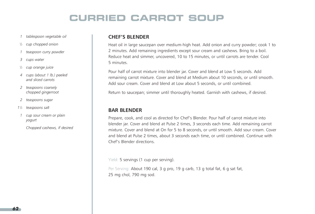 KitchenAid KPCB148, KPCB348 manual Curried Carrot Soup 