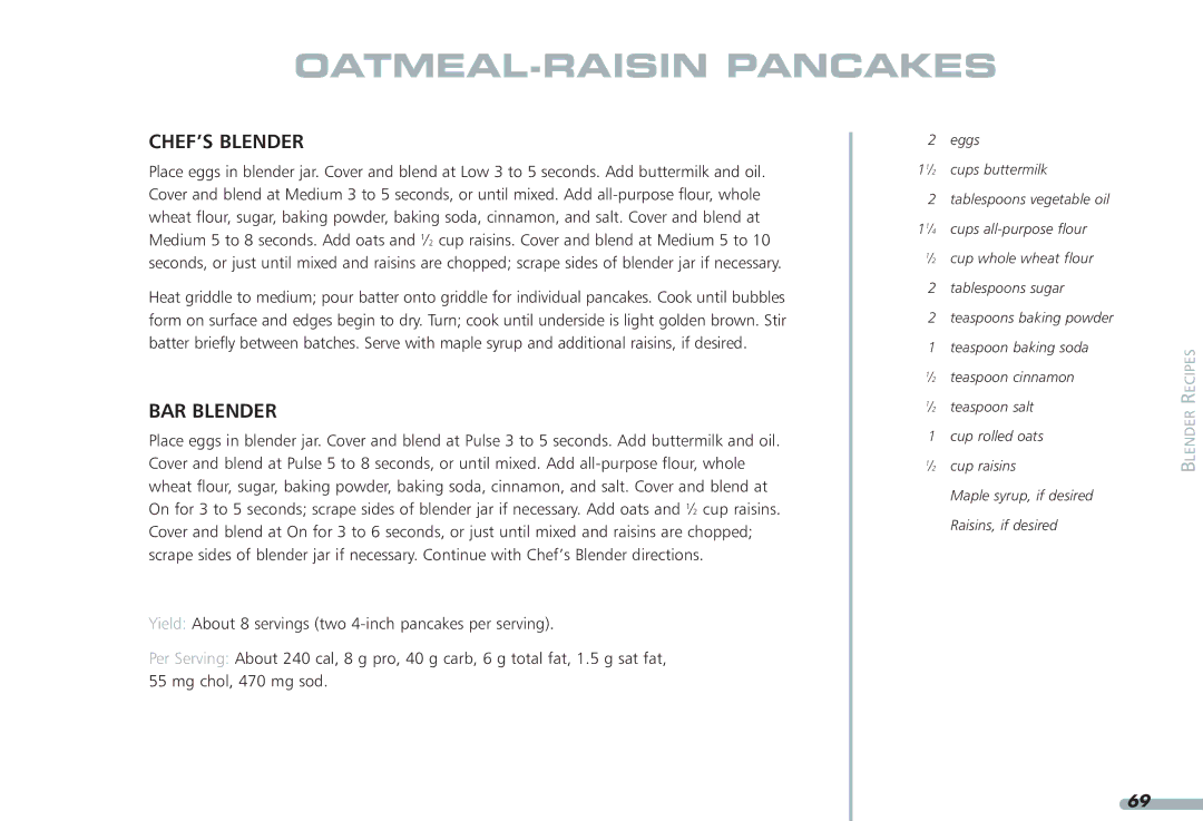 KitchenAid KPCB348, KPCB148 manual OATMEAL-RAISIN Pancakes 