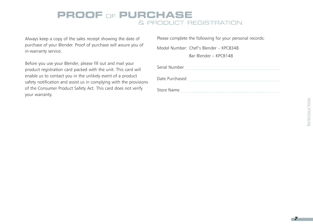 KitchenAid KPCB348, KPCB148 manual Proof of Purchase, Product Registration 