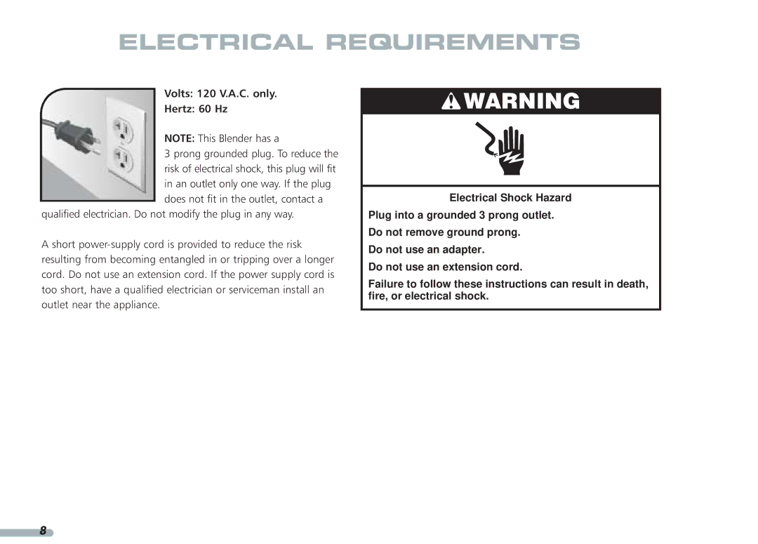 KitchenAid KPCB148, KPCB348 manual Electrical Requirements, Volts 120 V.A.C. only Hertz 60 Hz 