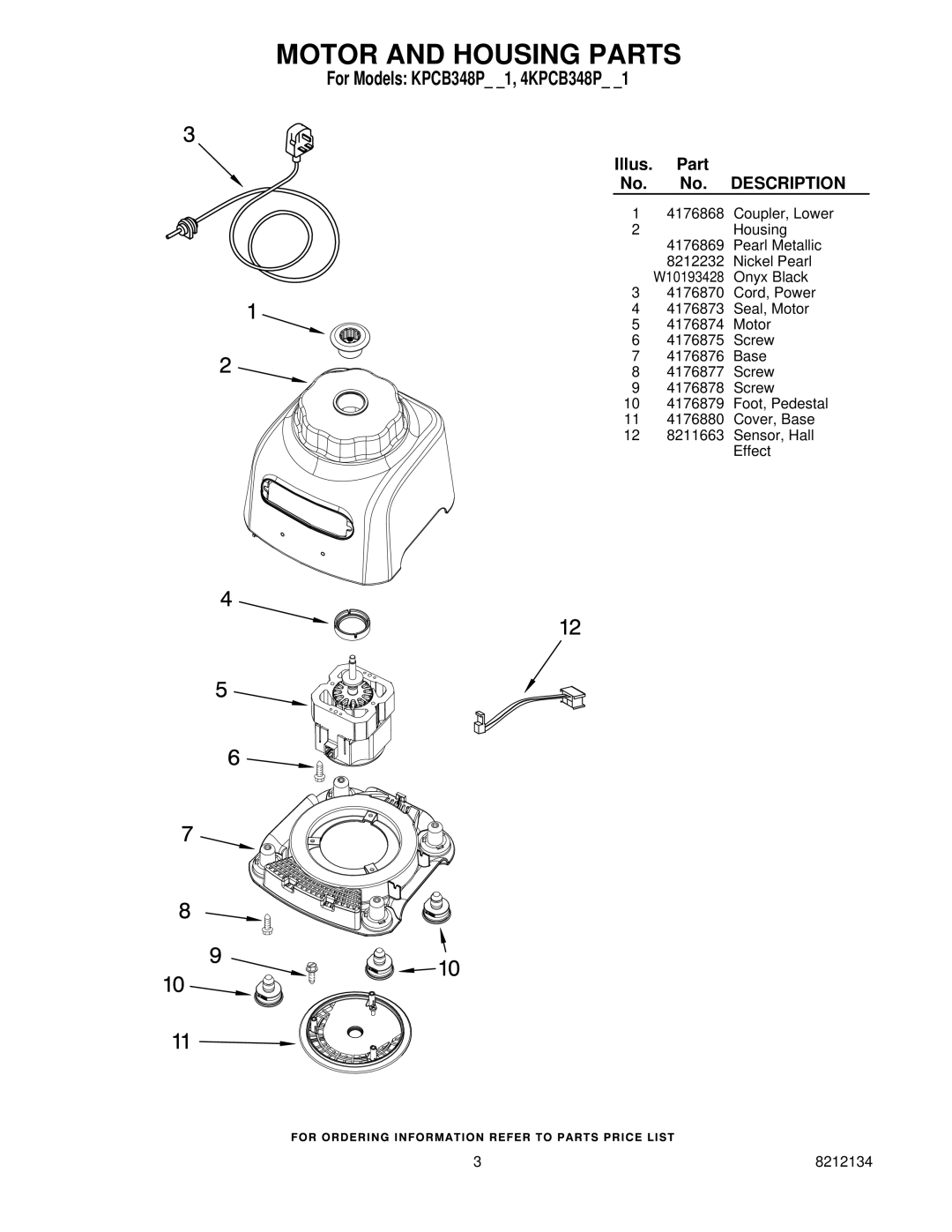 KitchenAid 4KPCB348PPM1, KPCB348POB1, KPCB348PNP1 manual Motor and Housing Parts 