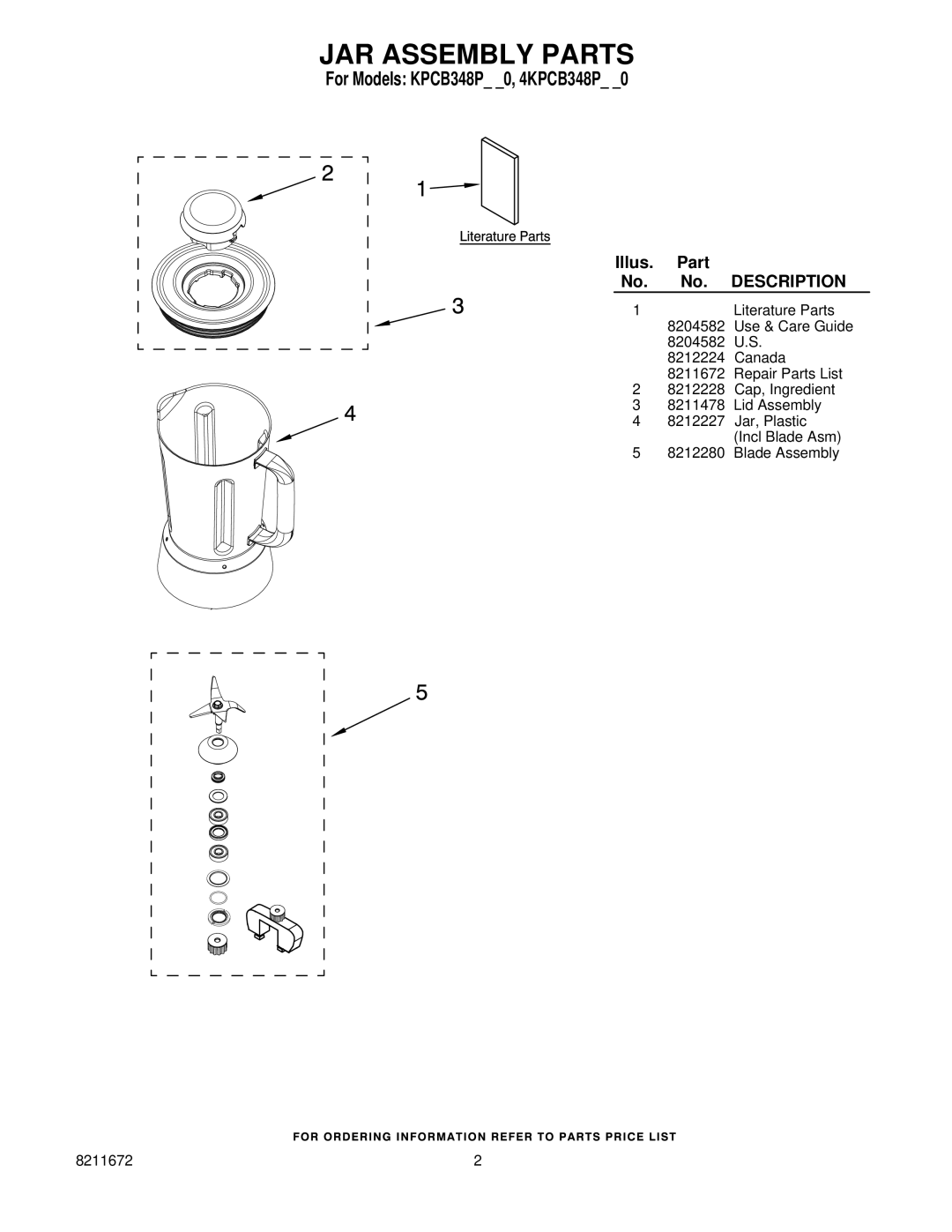 KitchenAid 4KPCB348PPM0 manual JAR Assembly Parts, Illus Part 