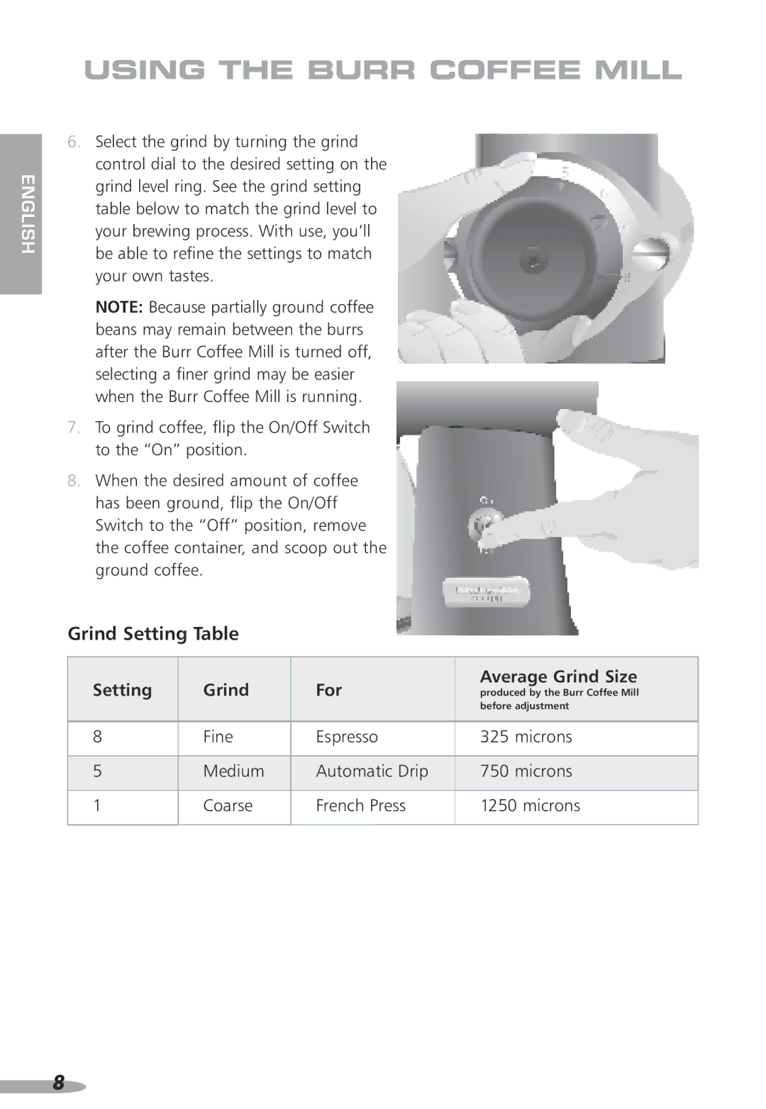 KitchenAid 87, KPCG100, Coffee Grinder, PRO LINE specifications Grind Setting Table, Setting Grind For Average Grind Size 