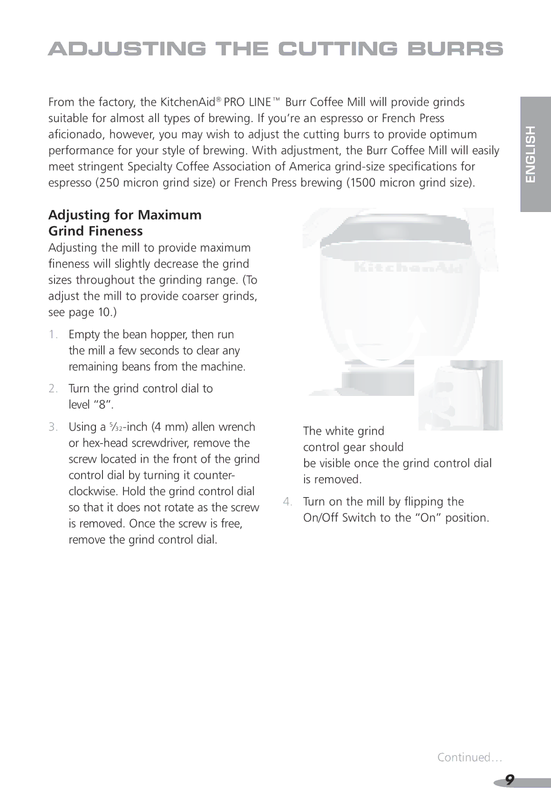 KitchenAid PRO LINE, KPCG100, Coffee Grinder, 87 ADjusting the cutting burrs, Adjusting for Maximum Grind Fineness 