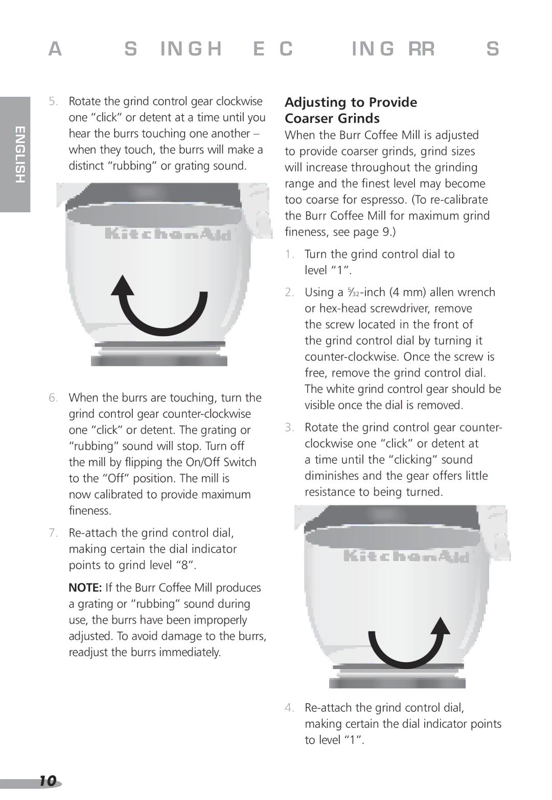 KitchenAid KPCG100, Coffee Grinder, 87, PRO LINE specifications Adjusting to Provide Coarser Grinds 