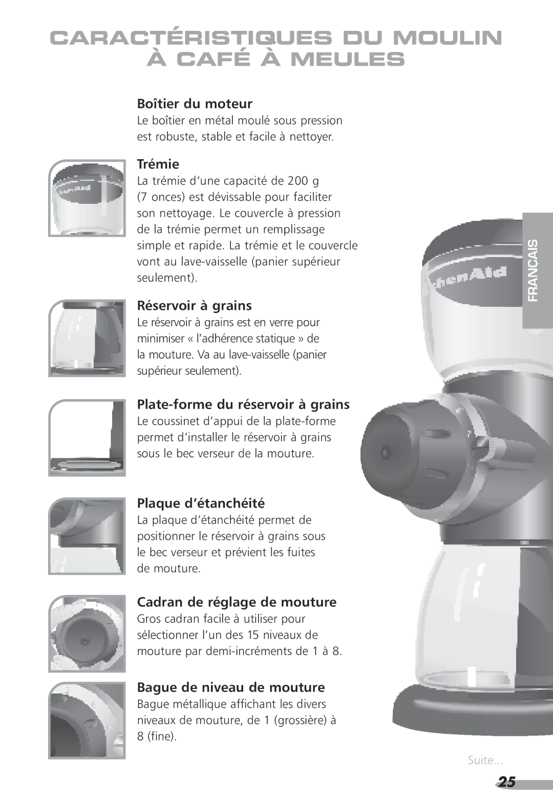 KitchenAid PRO LINE, KPCG100, Coffee Grinder, 87 specifications Caractéristiques DU Moulin Café À Meules 