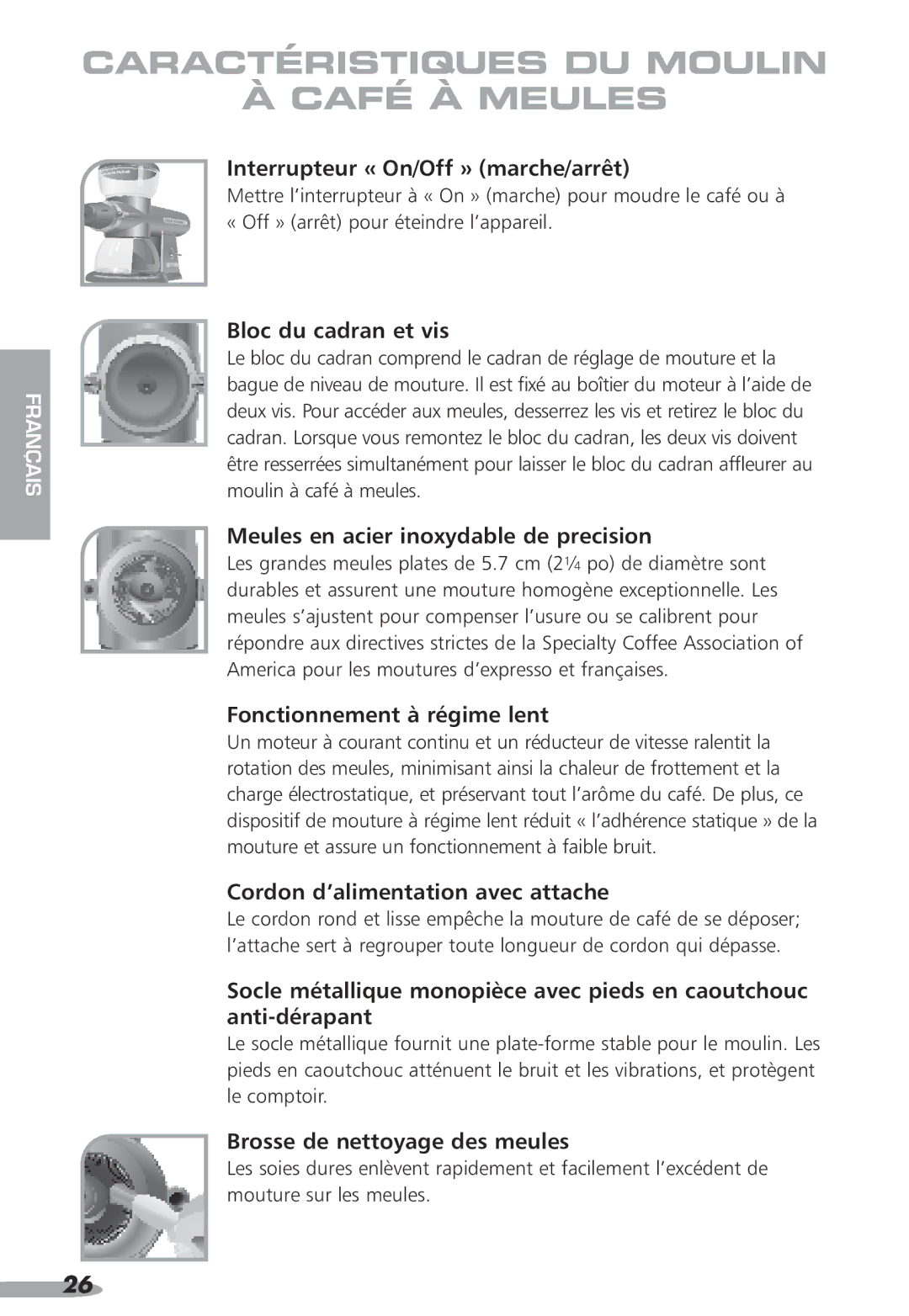 KitchenAid KPCG100 Interrupteur « On/Off » marche/arrêt, Bloc du cadran et vis, Meules en acier inoxydable de precision 