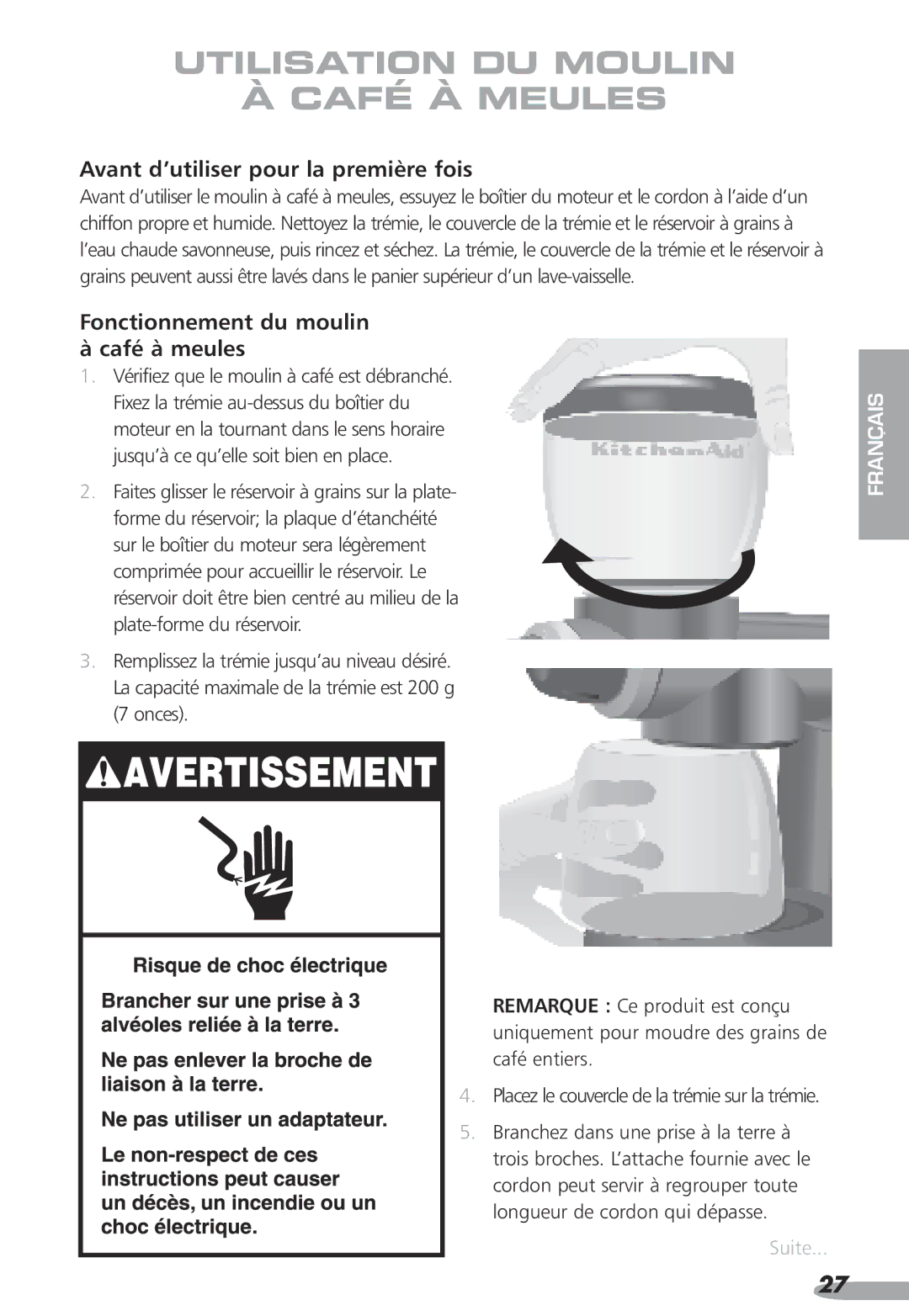 KitchenAid Coffee Grinder, KPCG100, 87, PRO LINE Utilisation DU Moulin Café À Meules, Avant d’utiliser pour la première fois 