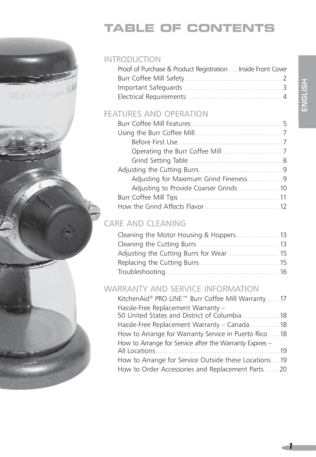 KitchenAid PRO LINE, KPCG100, Coffee Grinder, 87 specifications Table of contents 