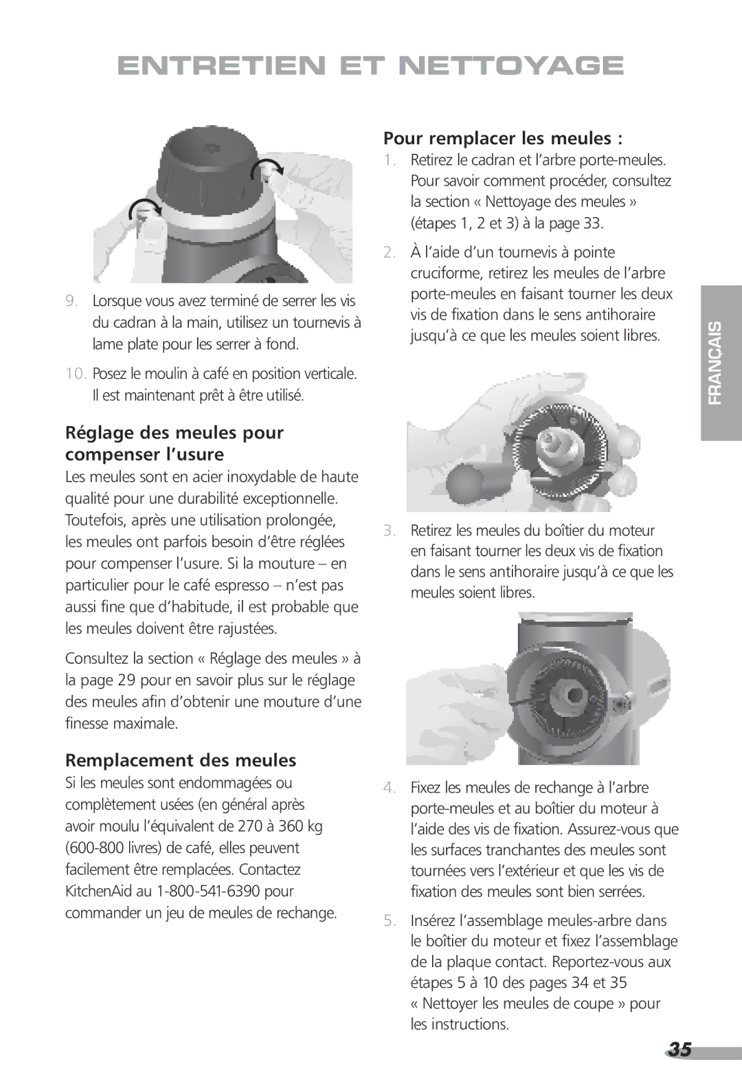 KitchenAid Coffee Grinder Réglage des meules pour compenser l’usure, Remplacement des meules, Pour remplacer les meules 