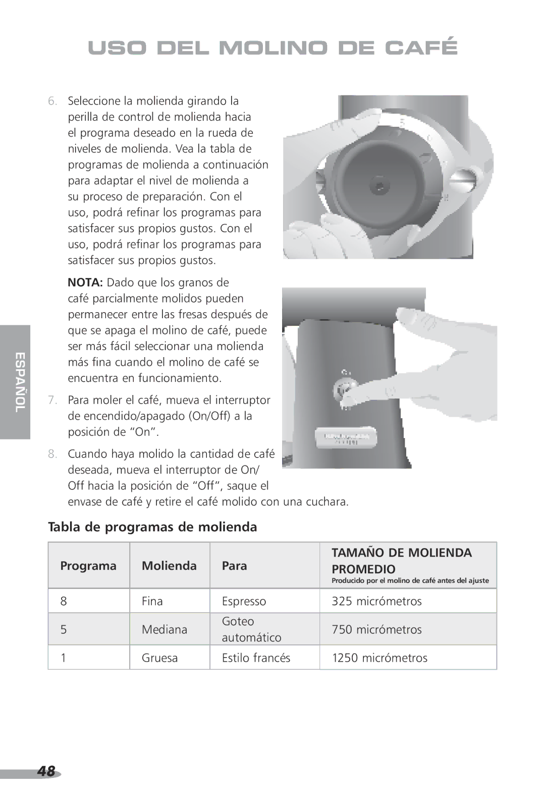 KitchenAid 87, KPCG100, PRO LINE Tabla de programas de molienda, Envase de café y retire el café molido con una cuchara 