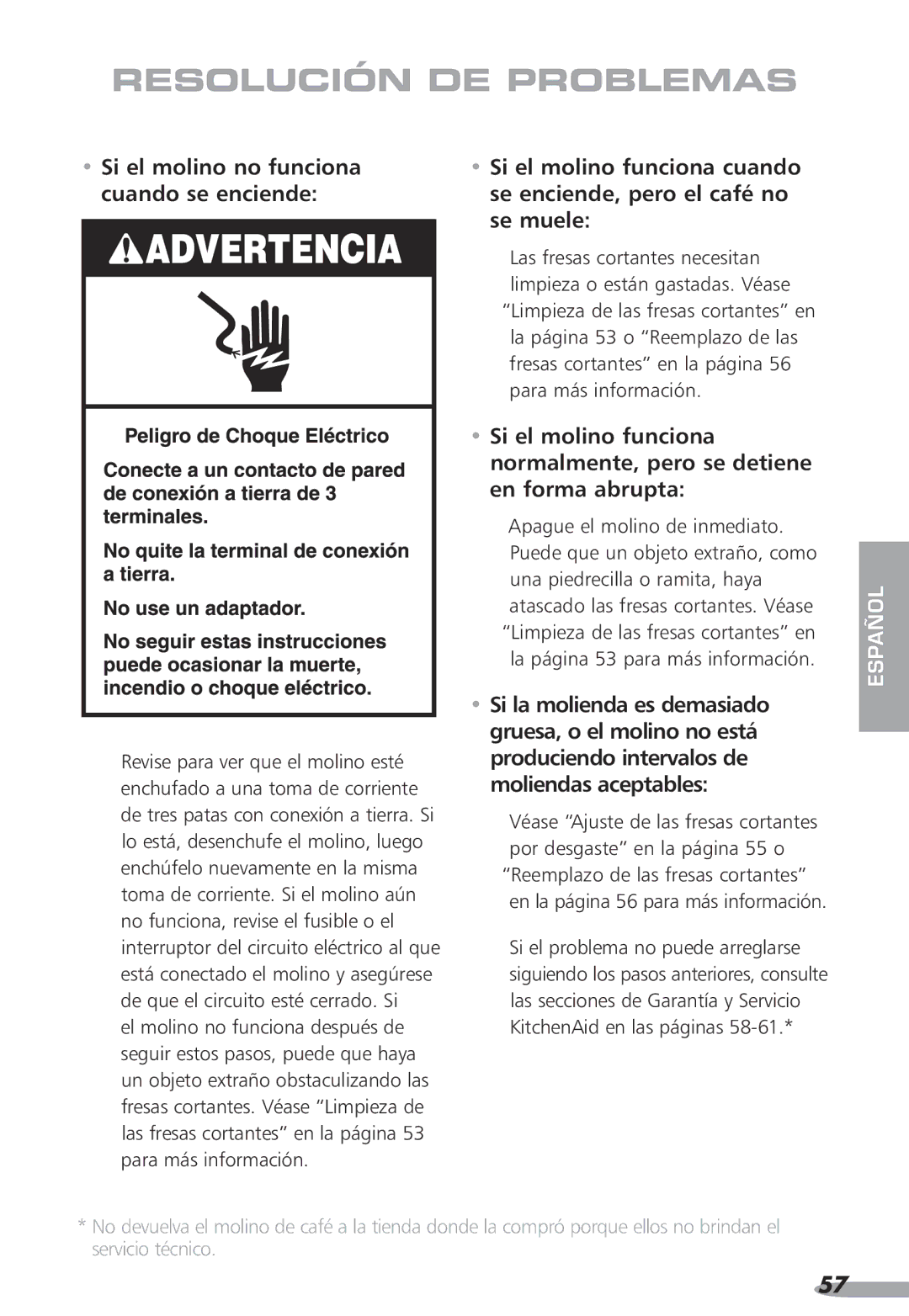 KitchenAid PRO LINE, KPCG100, 87 Resolución DE Problemas, Las fresas cortantes necesitan, Fresas cortantes en la página 