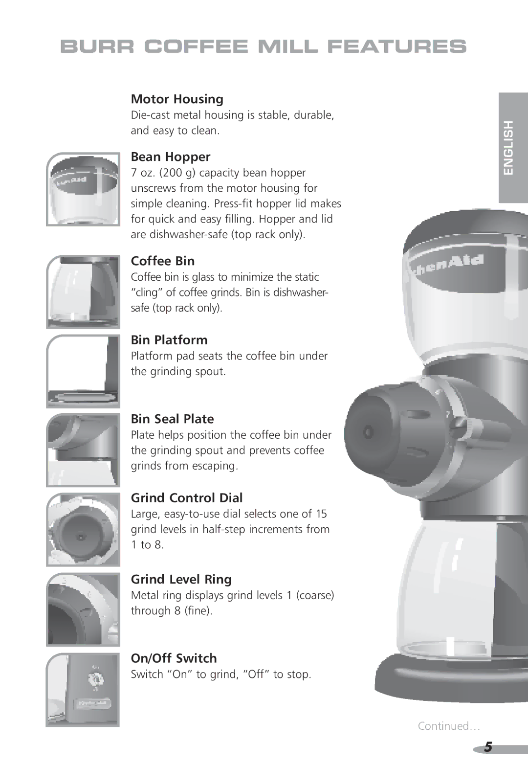 KitchenAid PRO LINE, KPCG100, Coffee Grinder, 87 specifications Burr coffee MIll features 