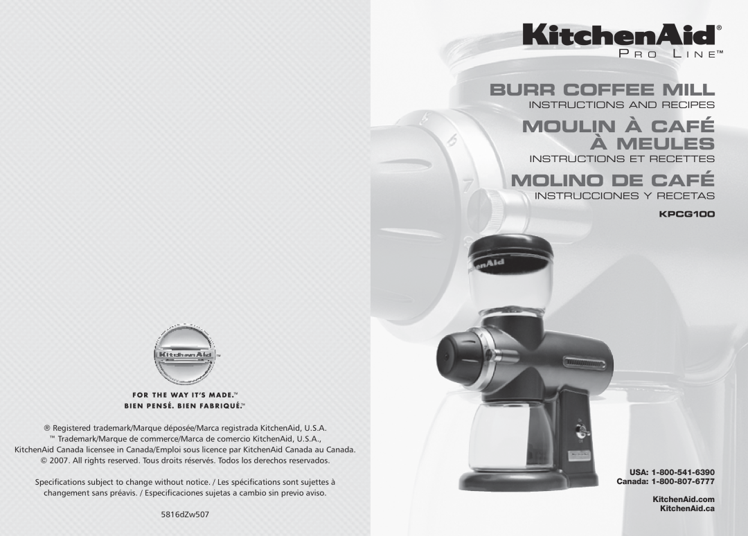 KitchenAid Coffee Grinder, 87 specifications Instructions And RECIPES, Instructions et recettes, Instrucciones y recetas 