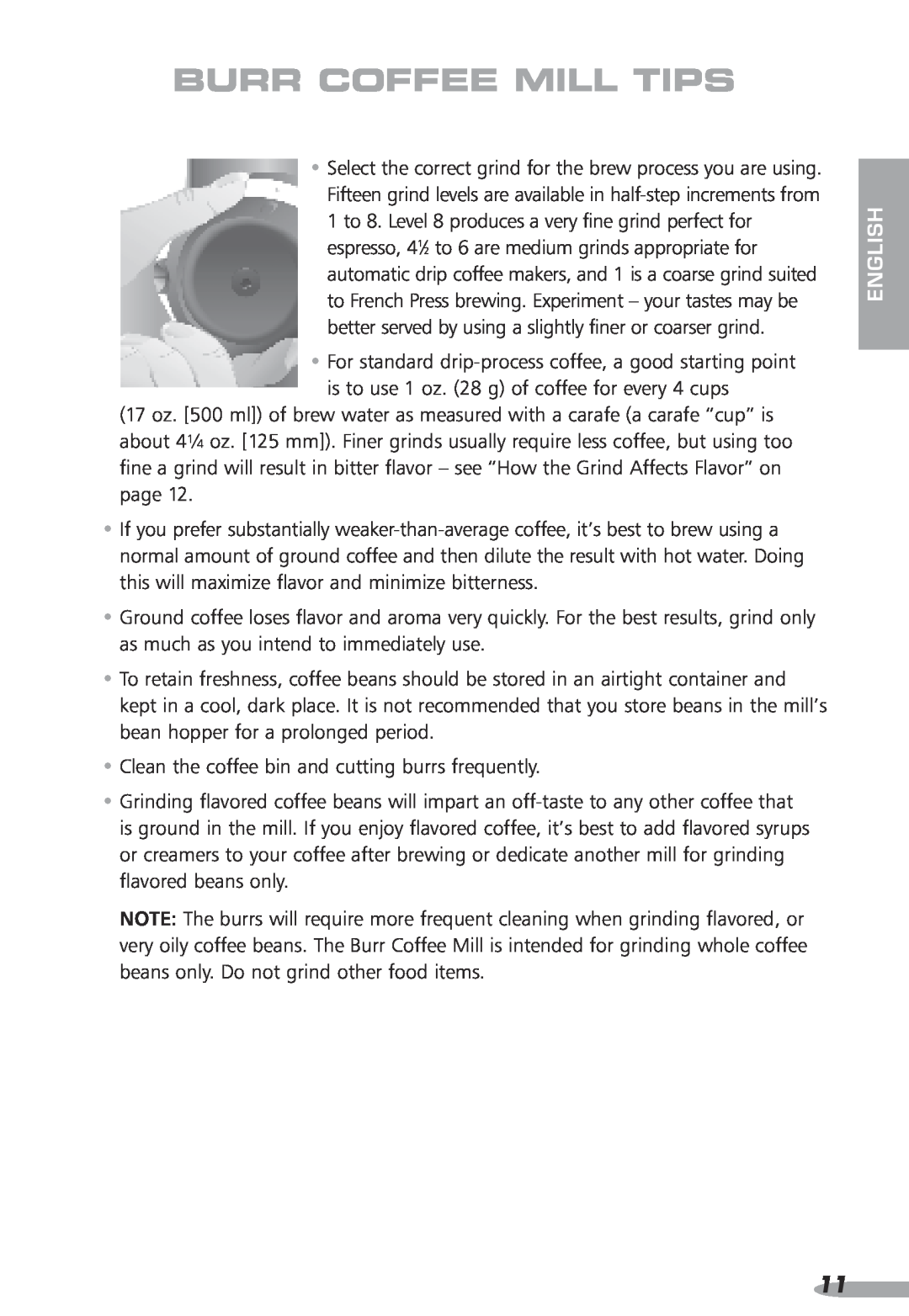 KitchenAid Coffee Grinder, KPCG100, 87, PRO LINE specifications Burr Coffee Mill tips, English 