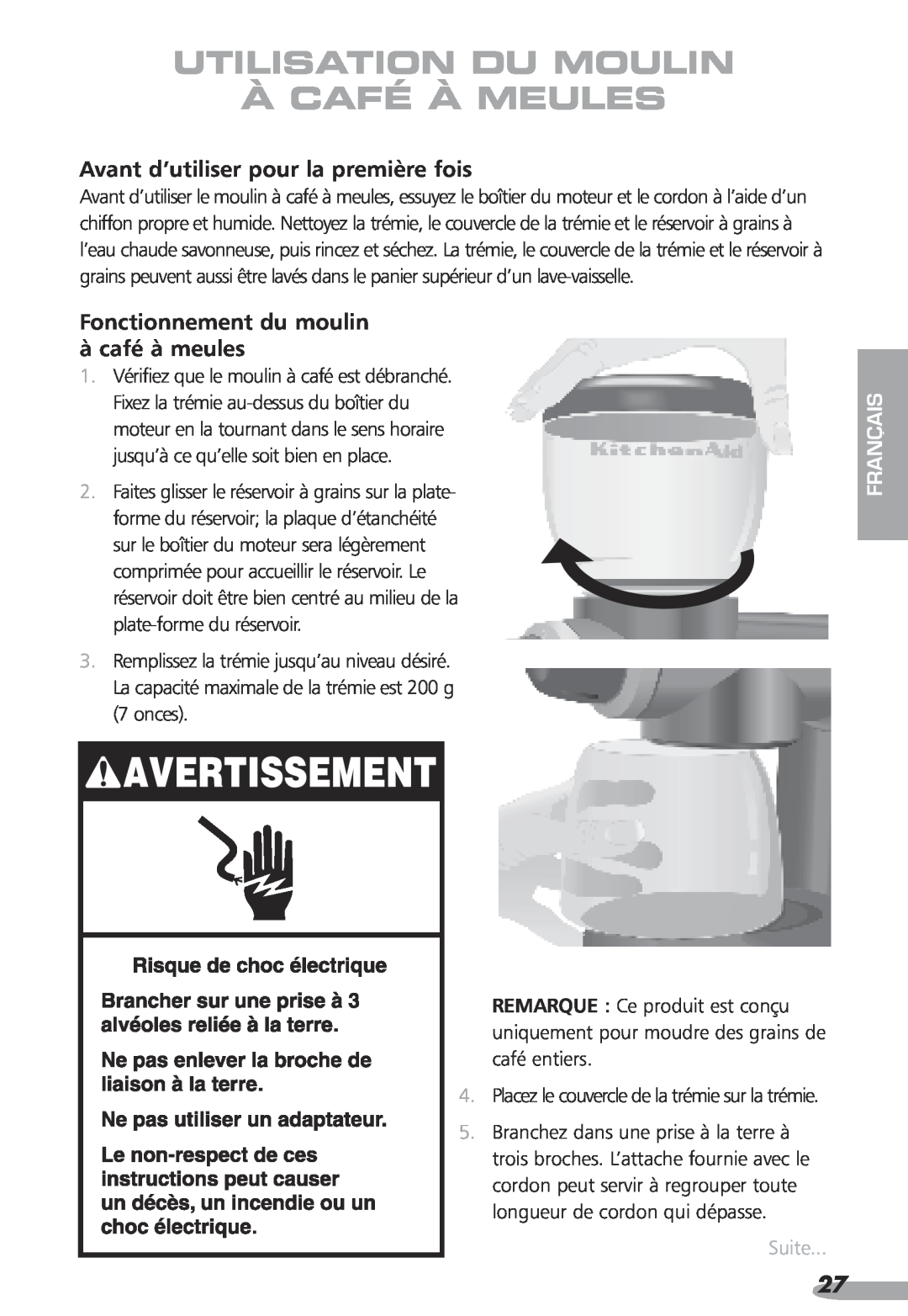KitchenAid Coffee Grinder Utilisation Du Moulin À Café À Meules, Avant d’utiliser pour la première fois, Suite, Français 
