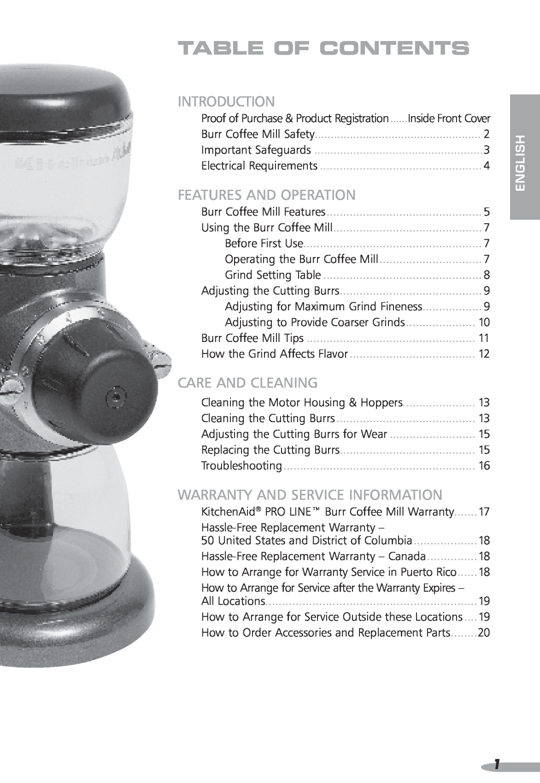 KitchenAid PRO LINE Table of contents, Introduction, Features and Operation, Care and Cleaning, Burr Coffee Mill Safety 