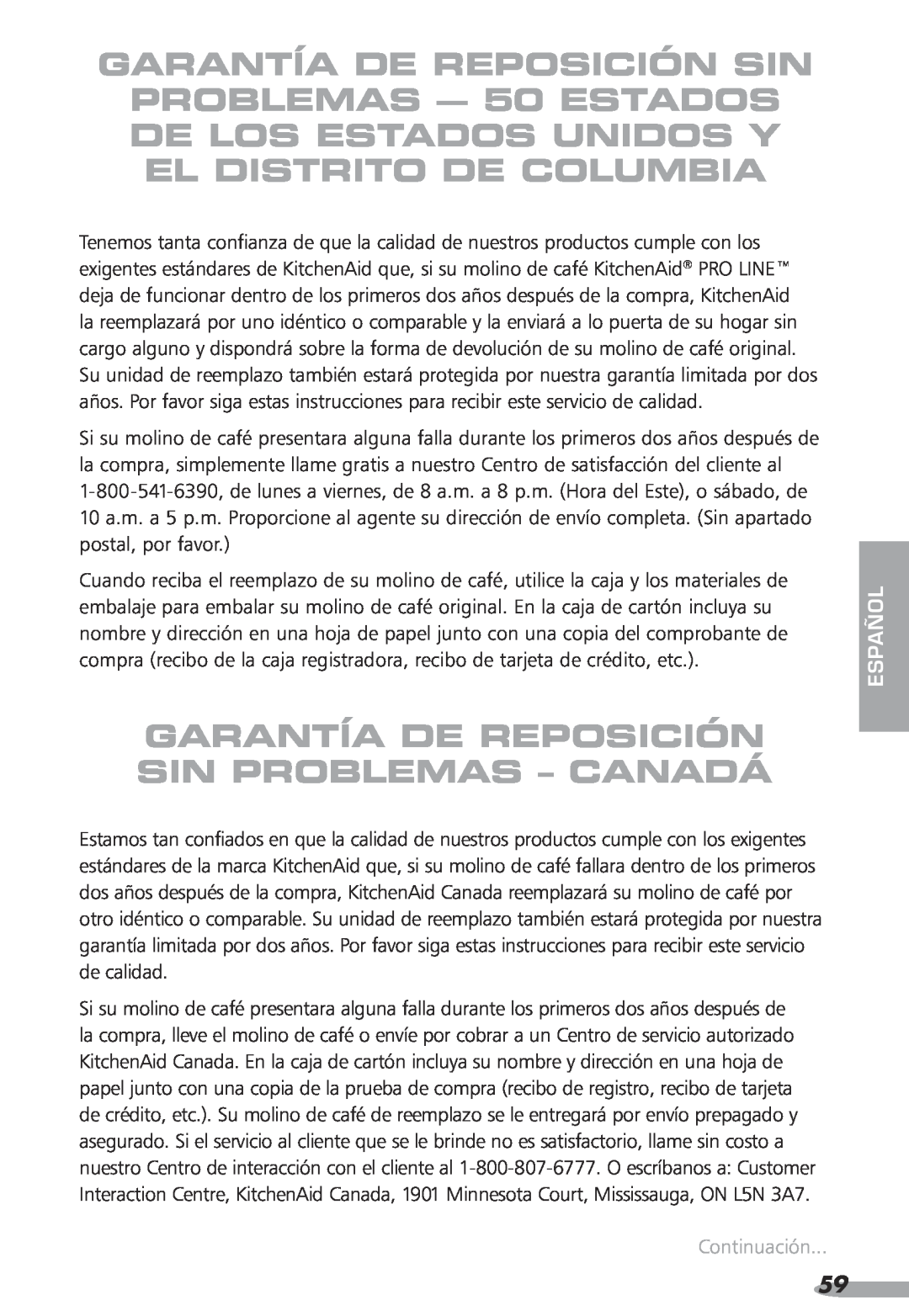 KitchenAid Coffee Grinder, KPCG100, 87, PRO LINE Garantía De Reposición Sin Problemas - Canadá, Continuación, español 