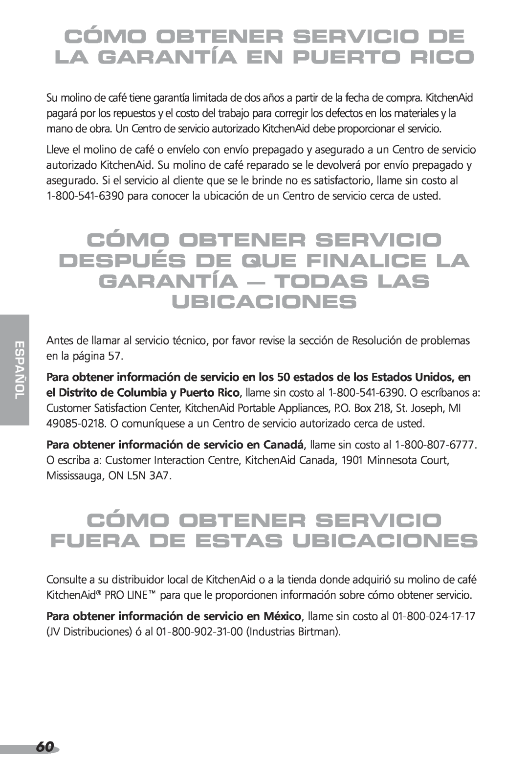 KitchenAid 87, KPCG100, Coffee Grinder, PRO LINE Cómo Obtener Servicio De La Garantía En Puerto Rico, Ubicaciones, español 