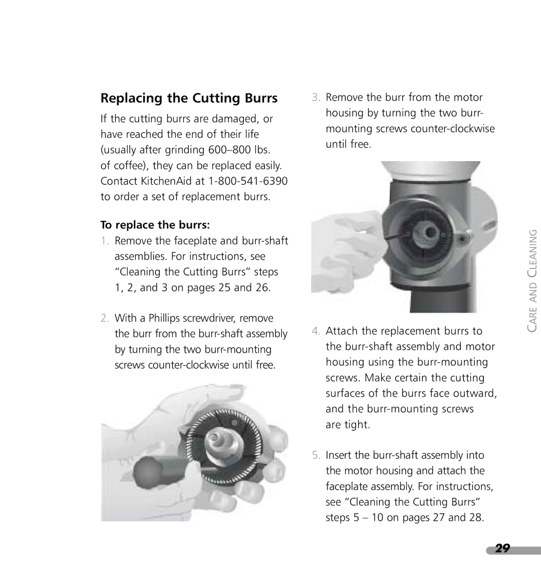 KitchenAid KPCG100 manual Replacing the Cutting Burrs, To replace the burrs 