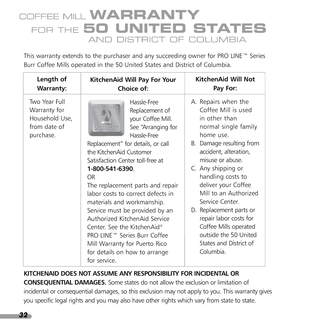 KitchenAid KPCG100 manual For the 50 United States, Length Warranty, KitchenAid Will Pay For Your Choice 