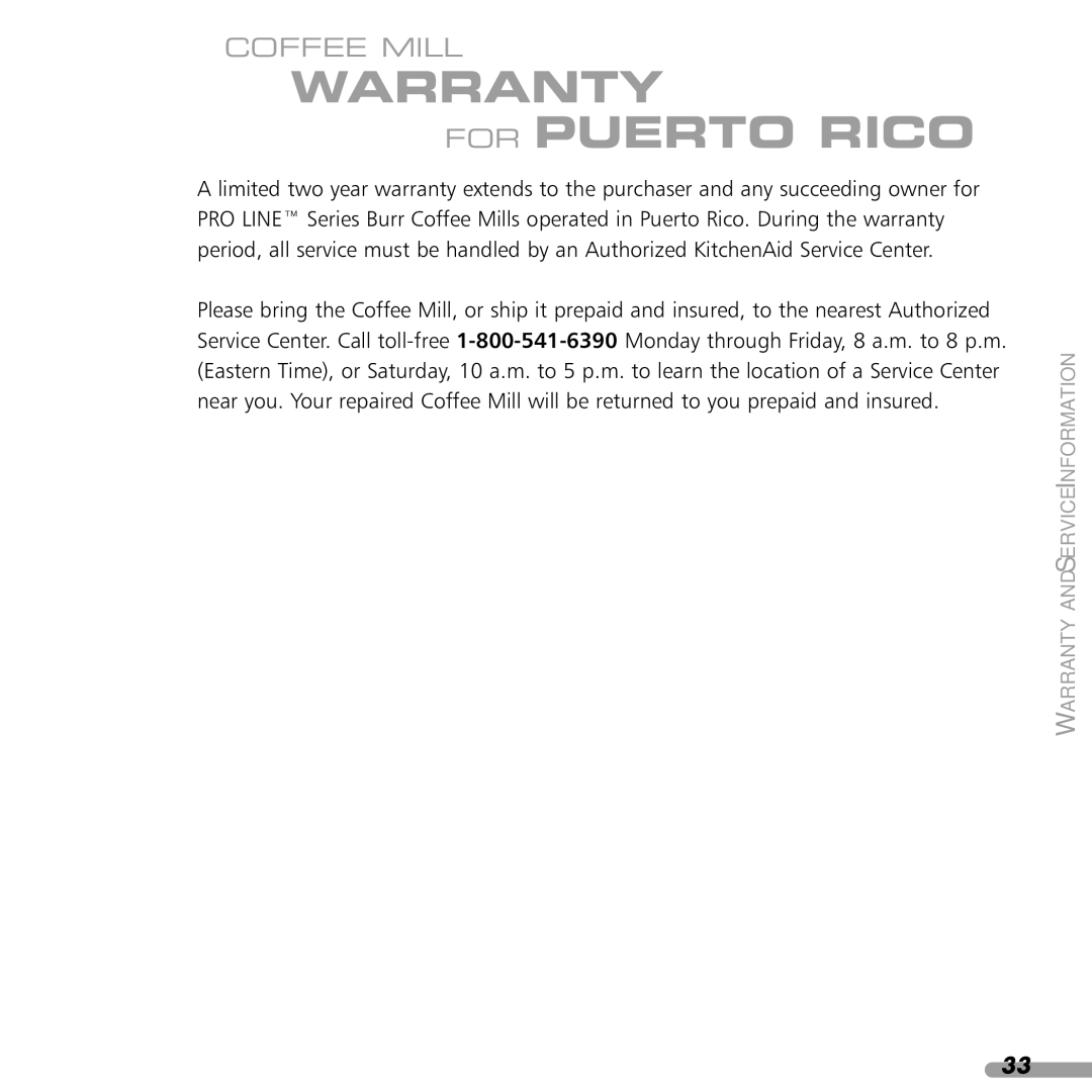 KitchenAid KPCG100 manual Warranty For Puerto Rico 