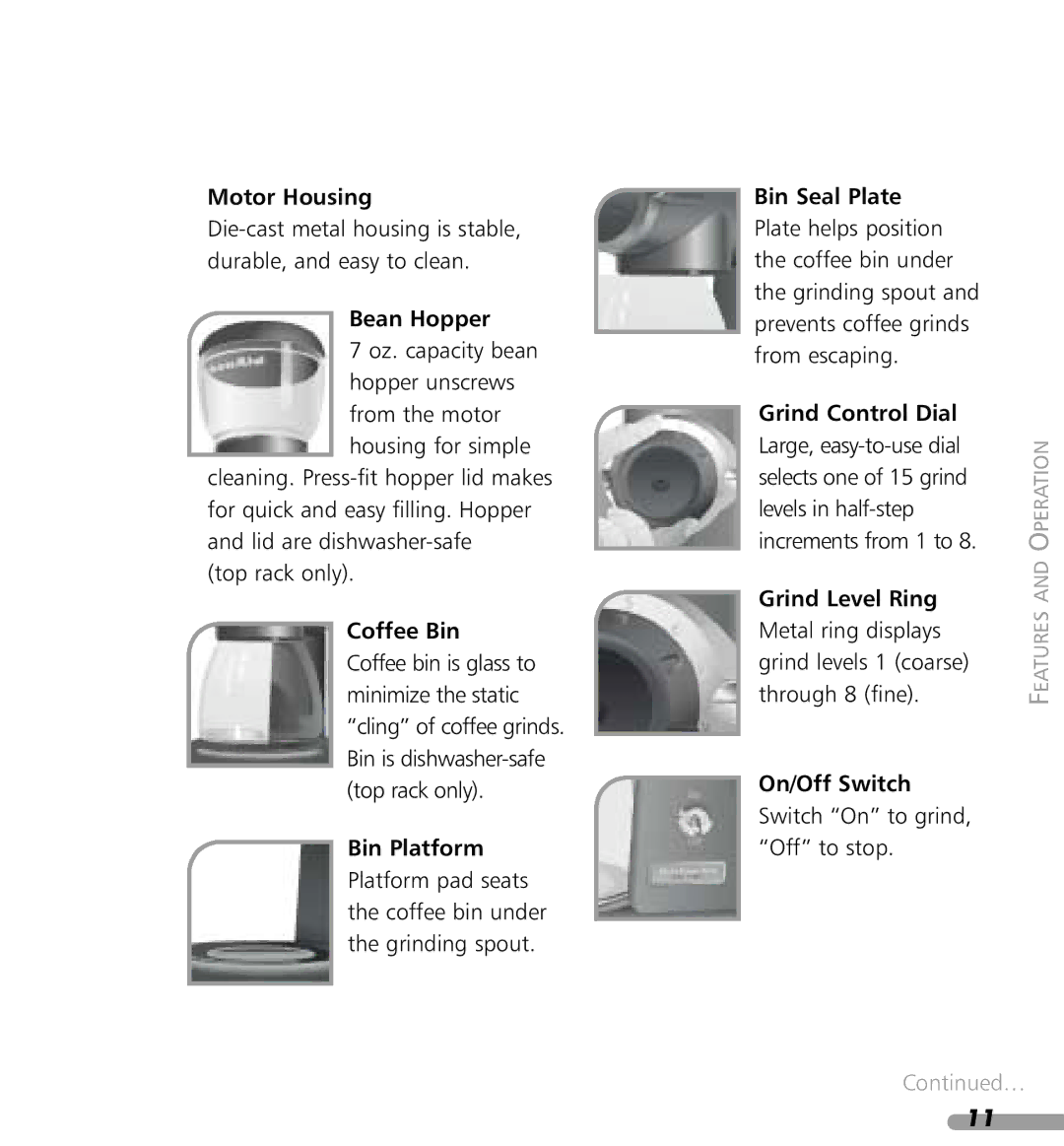 KitchenAid KPCG100 manual Motor Housing, Bean Hopper, Coffee Bin, Bin Platform, Grind Level Ring, On/Off Switch 