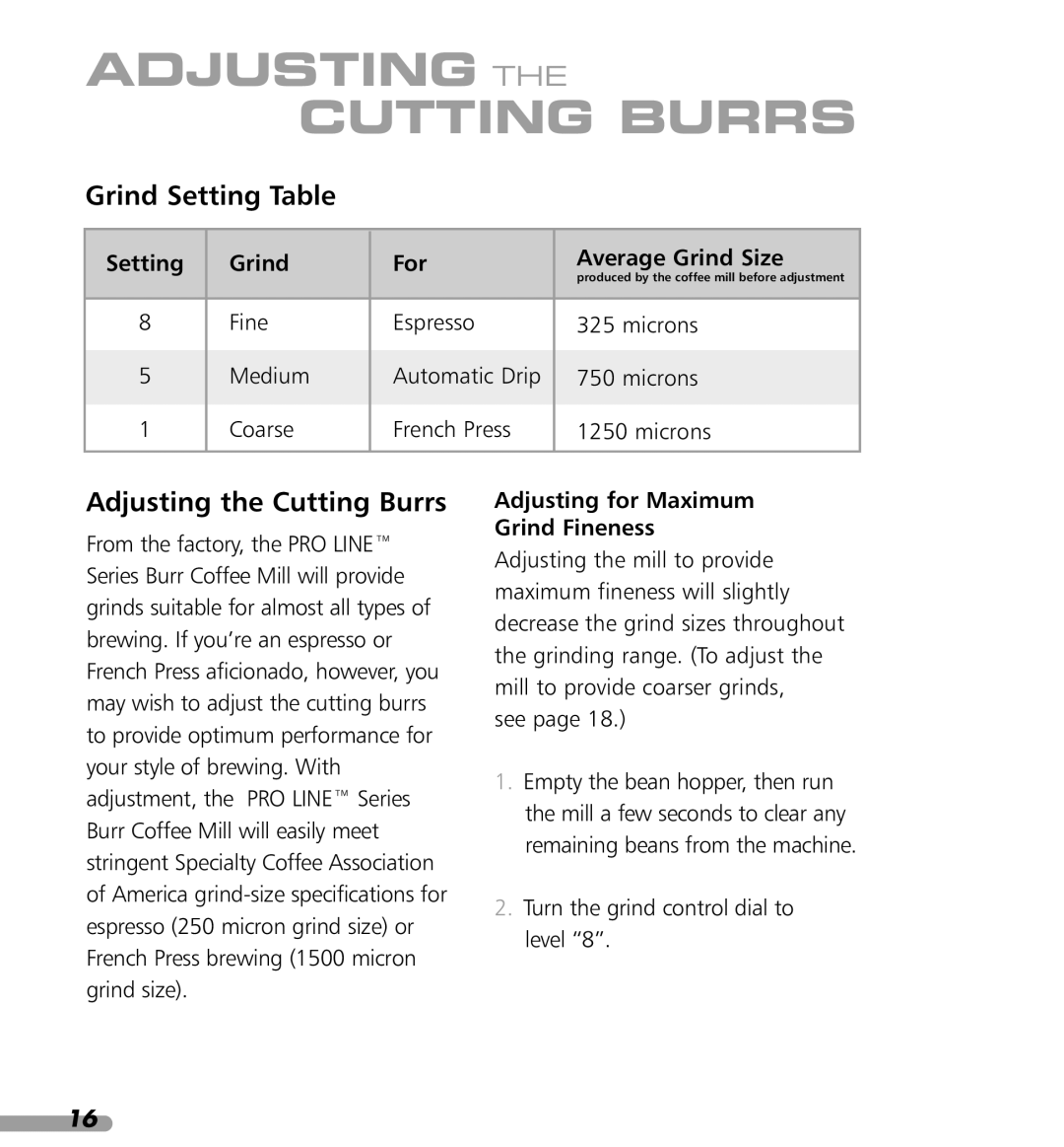 KitchenAid KPCG100 manual Adjusting the Cutting Burrs, Grind Setting Table, Setting Grind For Average Grind Size 