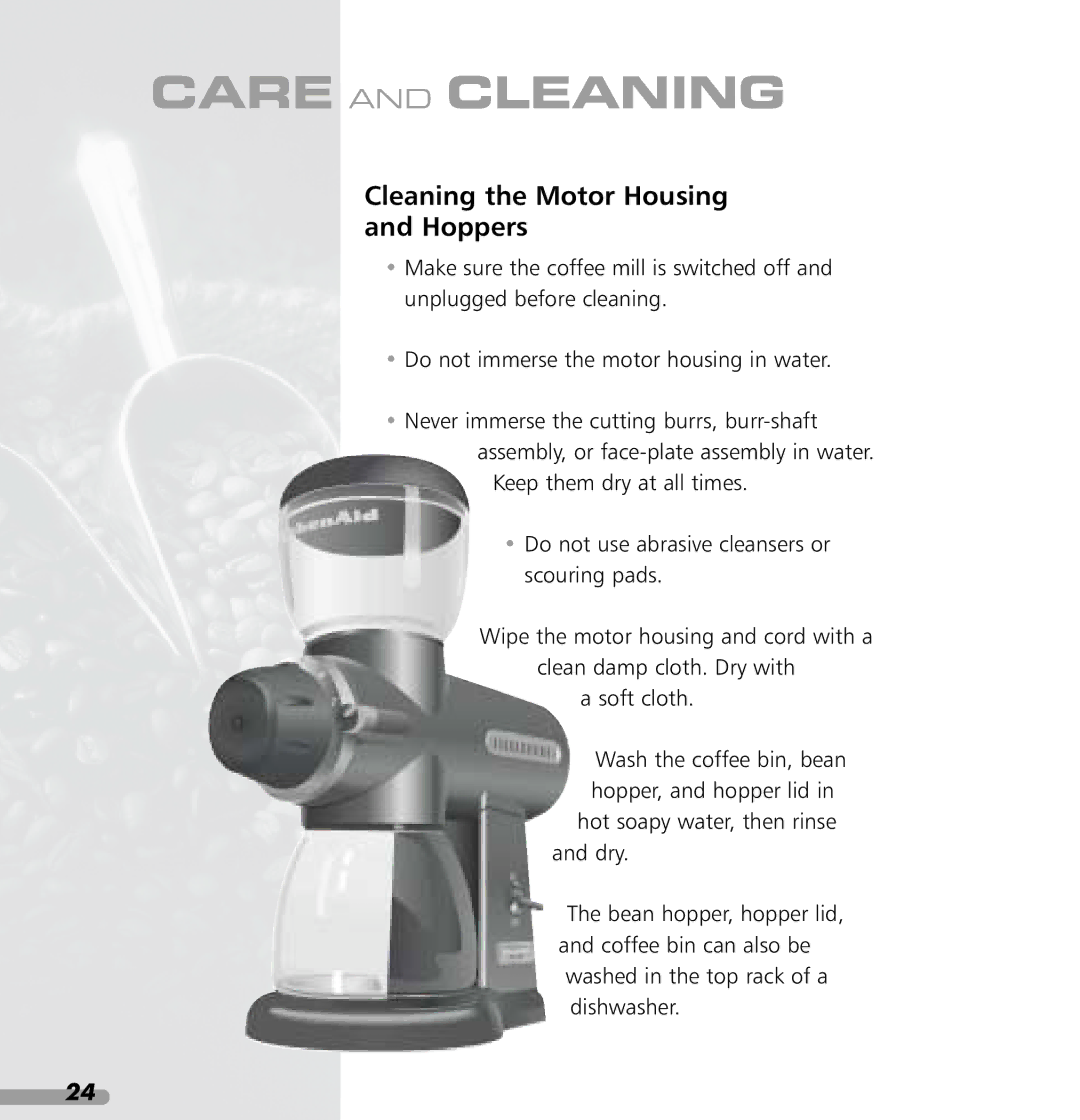 KitchenAid KPCG100 manual Care and Cleaning, Cleaning the Motor Housing Hoppers 