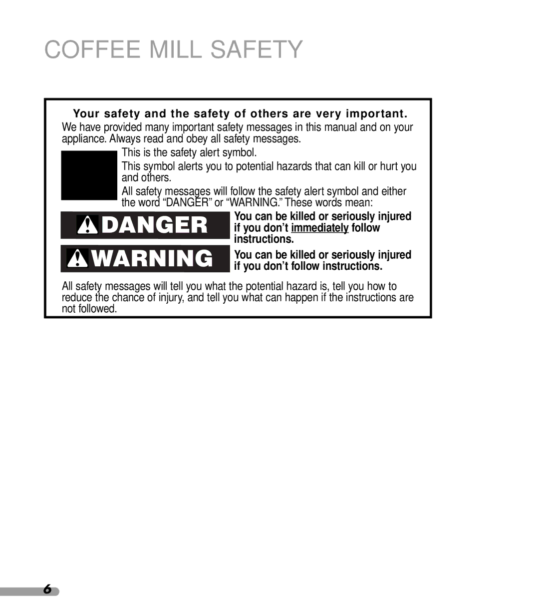 KitchenAid KPCG100 manual Coffee Mill Safety 