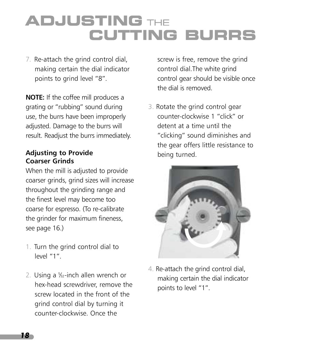 KitchenAid KPCG100 manual Adjusting to Provide Coarser Grinds, Adjusting The Cutting Burrs 