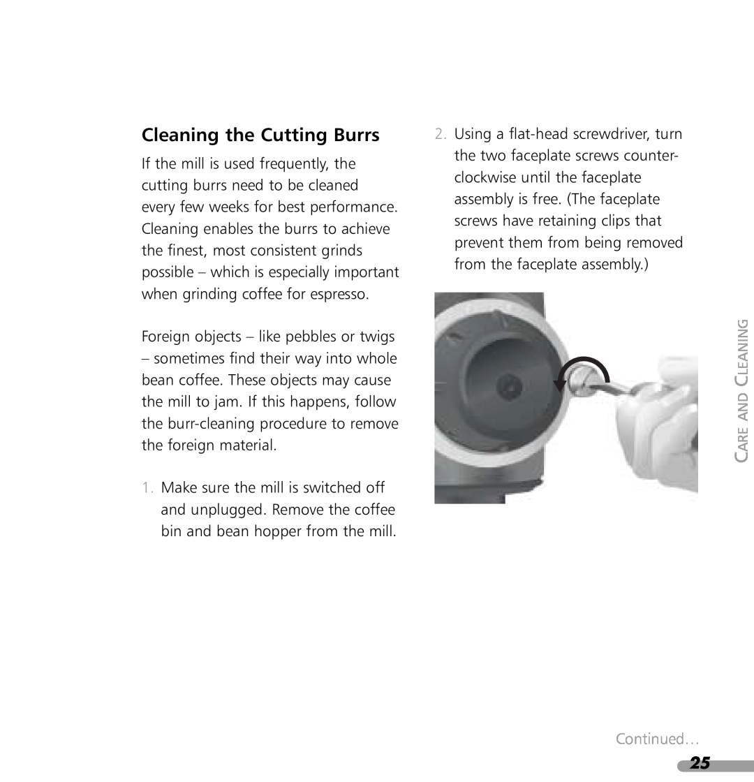 KitchenAid KPCG100 manual Cleaning the Cutting Burrs, Continued… 