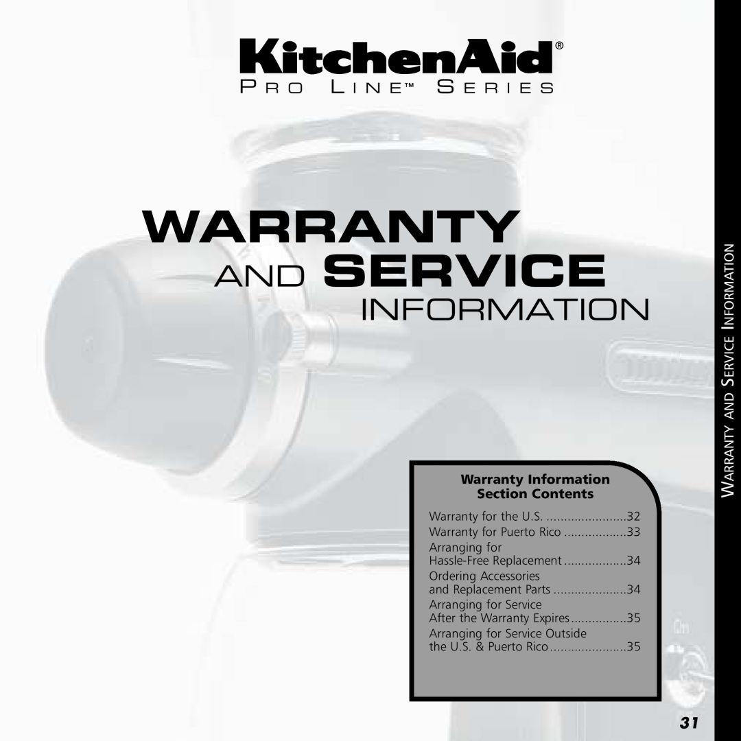 KitchenAid KPCG100 manual Warranty And Service, P R O L I N E S E R I E S, Warranty Information, Section Contents 