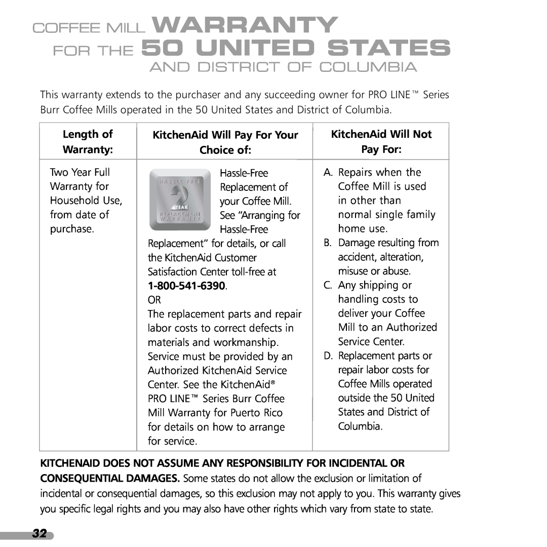 KitchenAid KPCG100 manual FOR THE 50 UNITED STATES, Coffee Mill Warranty, And District Of Columbia, Length of Warranty 