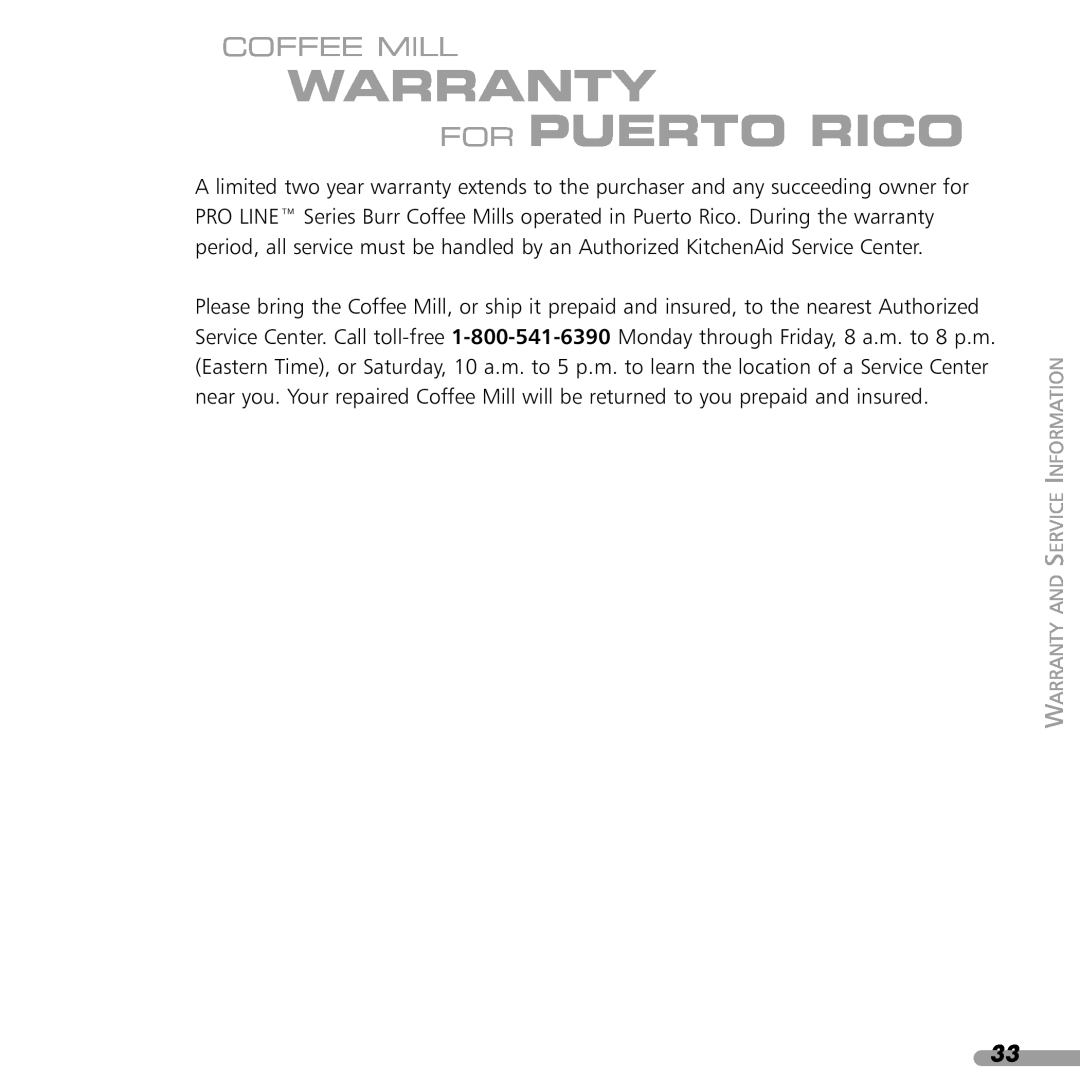 KitchenAid KPCG100 manual Warranty For Puerto Rico, Coffee Mill 