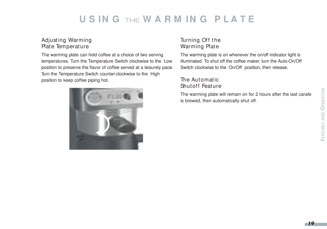 KitchenAid KPCM050 manual Using the Warming Plate, Adjusting Warming Plate Temperature, Turning Off Warming Plate 