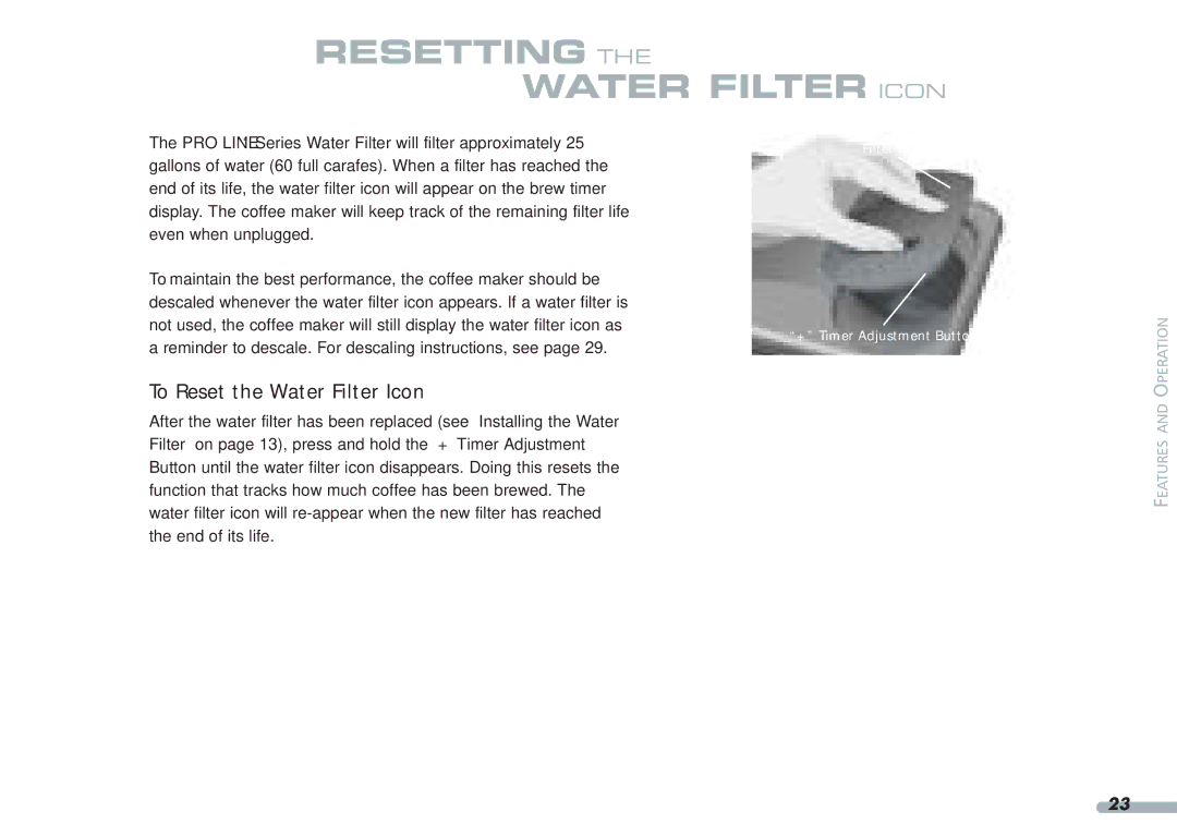 KitchenAid KPCM050 manual Resetting Water Filter Icon, To Reset the Water Filter Icon 