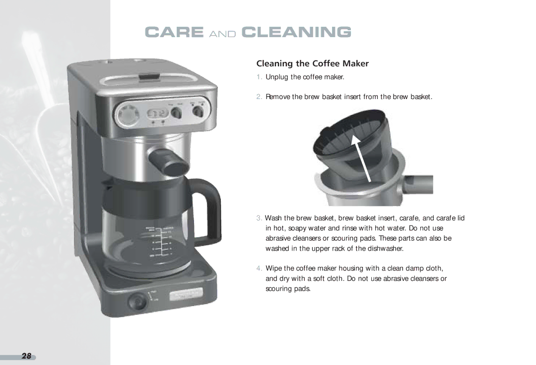 KitchenAid KPCM050 manual Care and Cleaning, Cleaning the Coffee Maker 